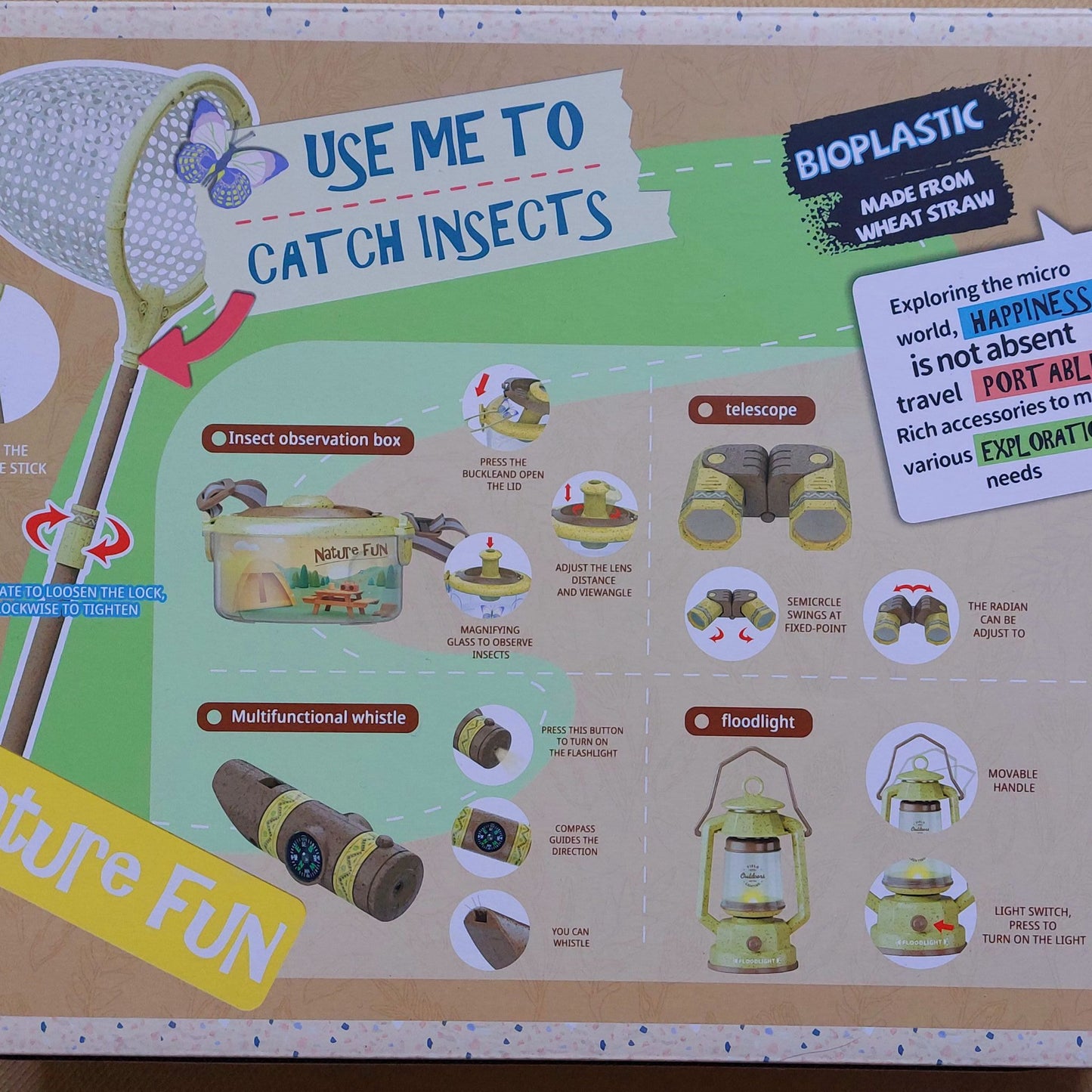 Reverso de la caja del Kit Explorador para la observación científica eco-friendly