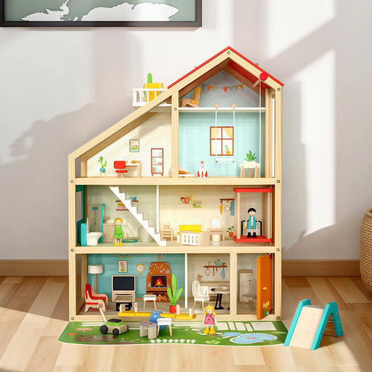casa de muñecas de madera con 4 pisos, muebles y accesorios