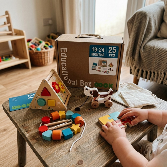 Pack Descubridor + Músico · Set Montessori 19-24m + Set de Percusión · Madera