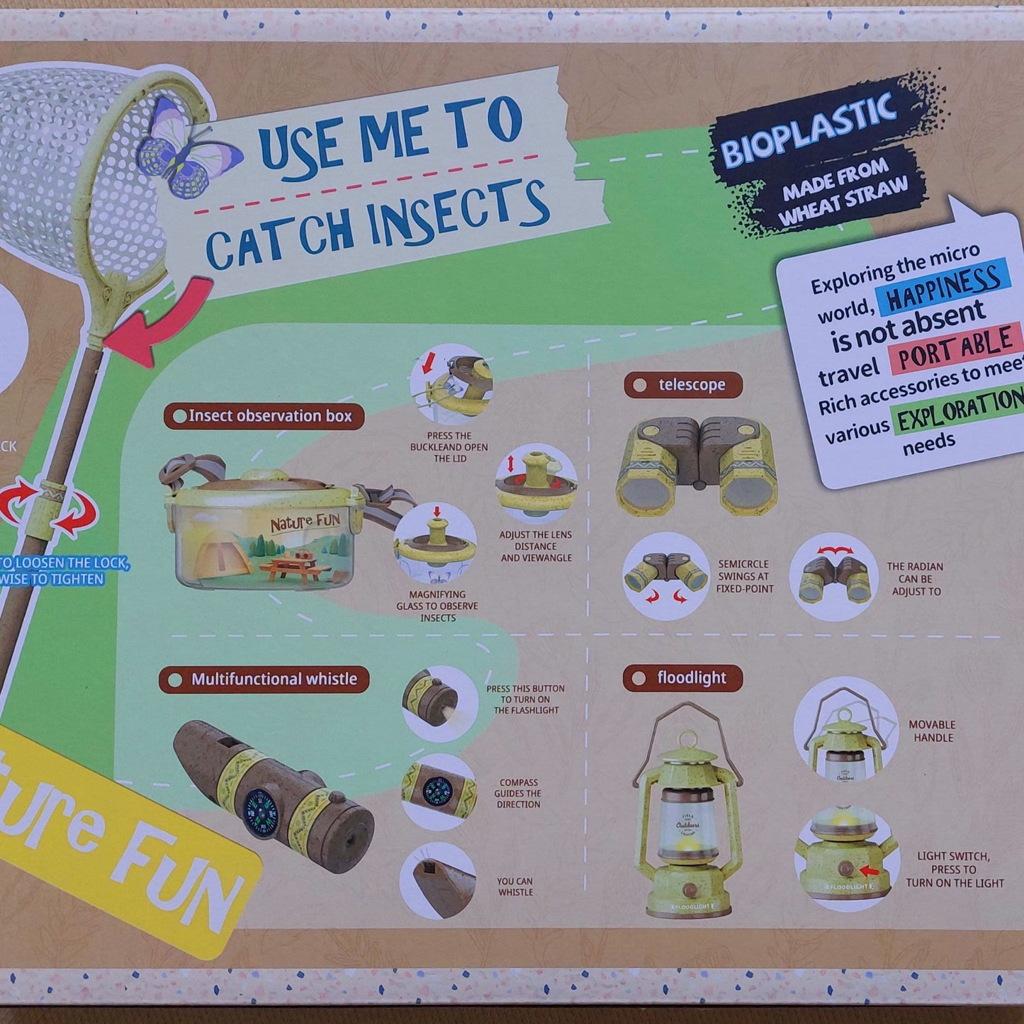 Reverso del packaging de Set de observación científica eco-friendly que describe el contenido: caja de insectos, binoculares, silbato con brújula, red y lámpara nocturna