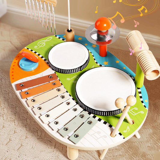 Set de percusión infantil 5‑en‑1 con instrumentos de madera eco‑friendly, 2 tambores, metalófono de 8 notas, platillo, güiro, carillón y 2 baquetas
