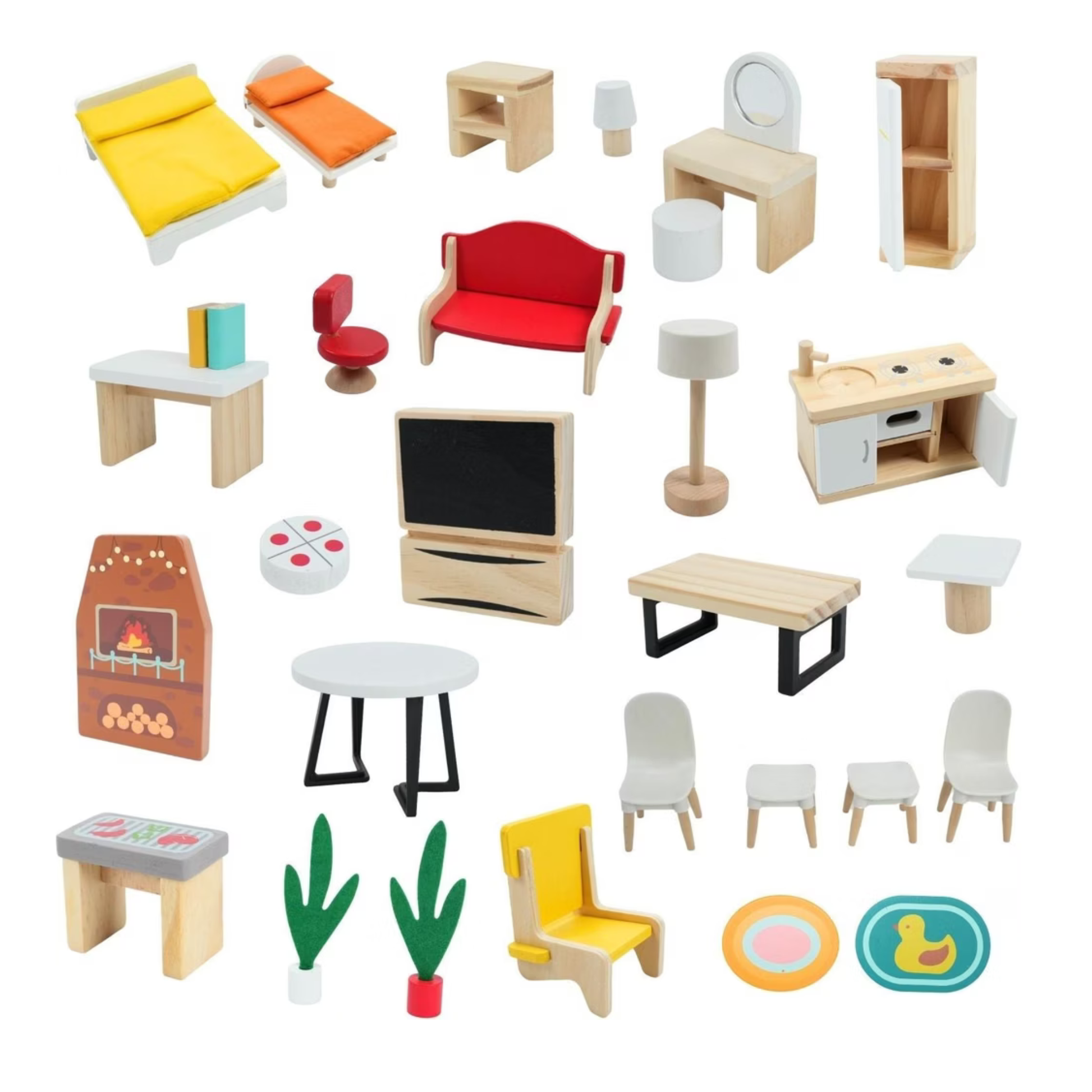 Detalle de los accesorios de casa de muñecas con moviliarios, electrdomésticos, iluminación y decoración.
