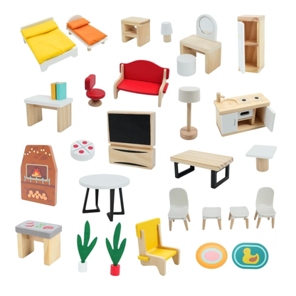 Detalle de los accesorios de casa de muñecas con moviliarios, electrdomésticos, iluminación y decoración.