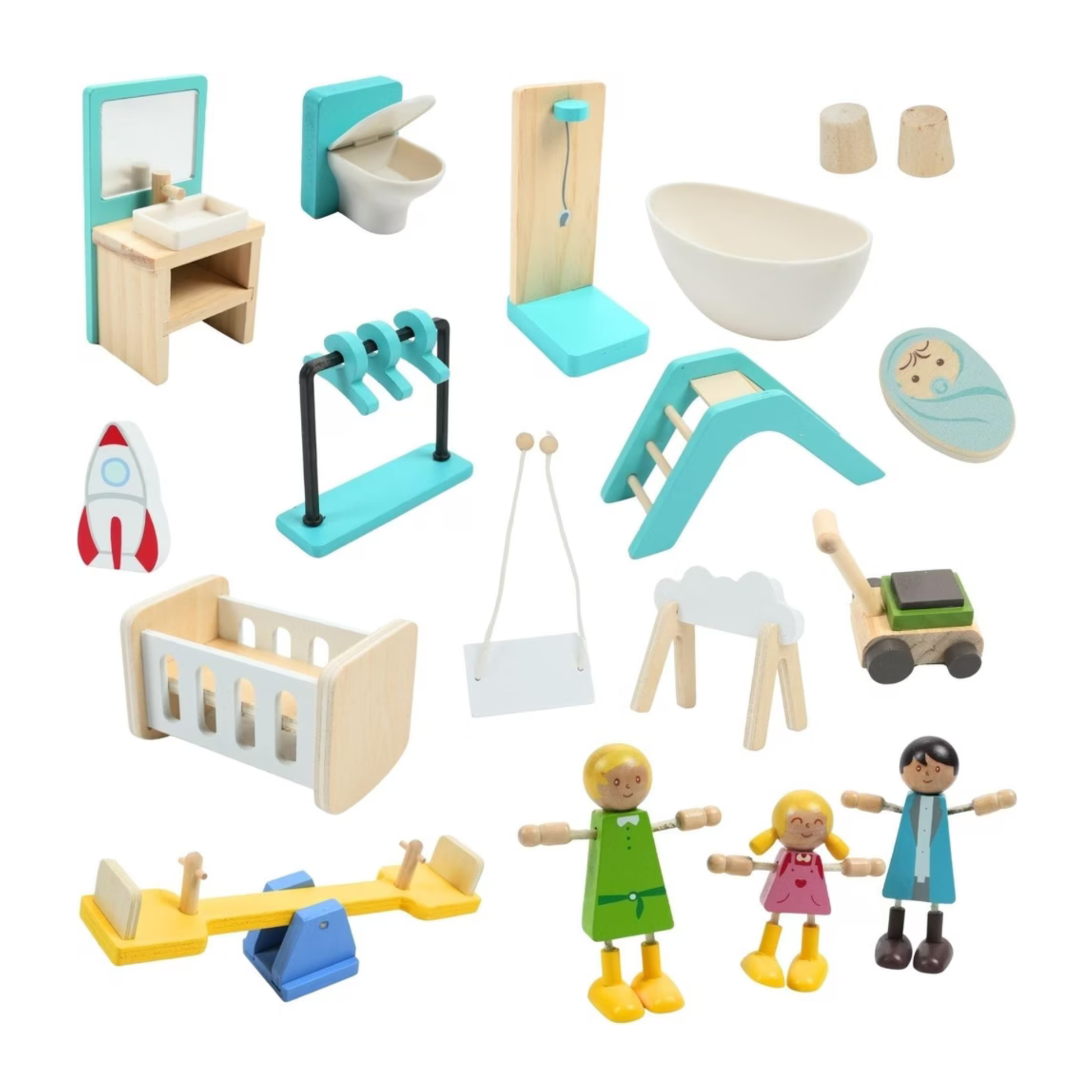 Accesorios de casa de muñecas ue incluyen muebles de baño, habitación infantil y exteriores