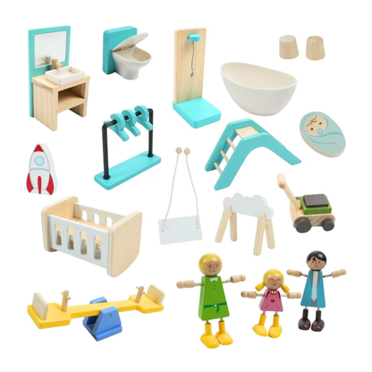Accesorios de casa de muñecas ue incluyen muebles de baño, habitación infantil y exteriores