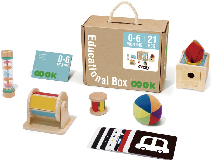 Caja Educativa Montessori de 0 a 6 meses que incluye rodillo, tarjetas con colores que contrastan, sonajero de madera, sonajero cilíndrico transparente, pelota de tela con cascabel, servilletero
