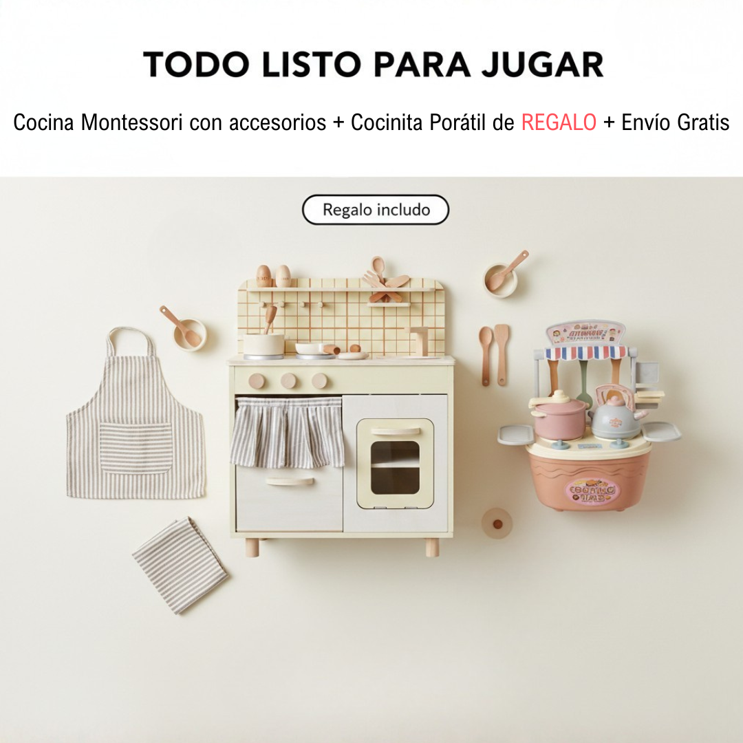 Cocina Vintage de Madera Montessori + REGALO Cocinita Portátil + Envío gratis