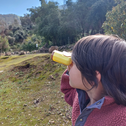 Niño mirando al horizonte con los binoculares del Kit de Explorador eco-friendly
