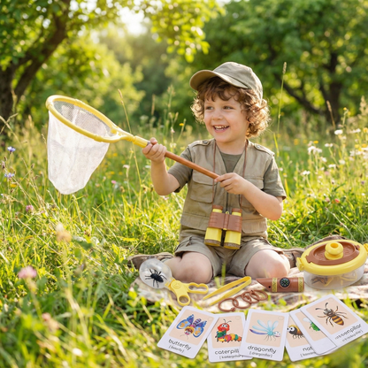 Niño jugando al aire libre con Kit de explorador