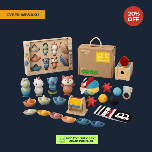 Pack Primer Año Montessori · Set Educativo 0-6m + Set de Baño · Madera y Silicona