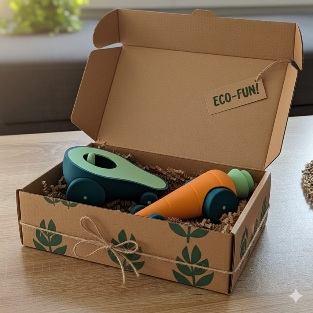 Pack de autitos con forma de vegetales en su pack de regalo ecológico
