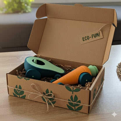 Pack de autitos con forma de vegetales en su pack de regalo ecológico