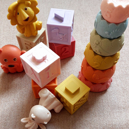 Juguetes sensoriales para bebé apilables, con forma de animales, cubos y torre apilables