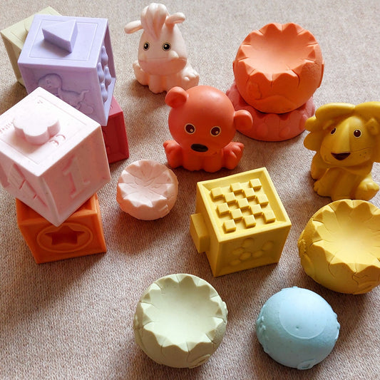 Juguetes sensoriales para bebé apilables, con forma de animales, cubos y torre apilables