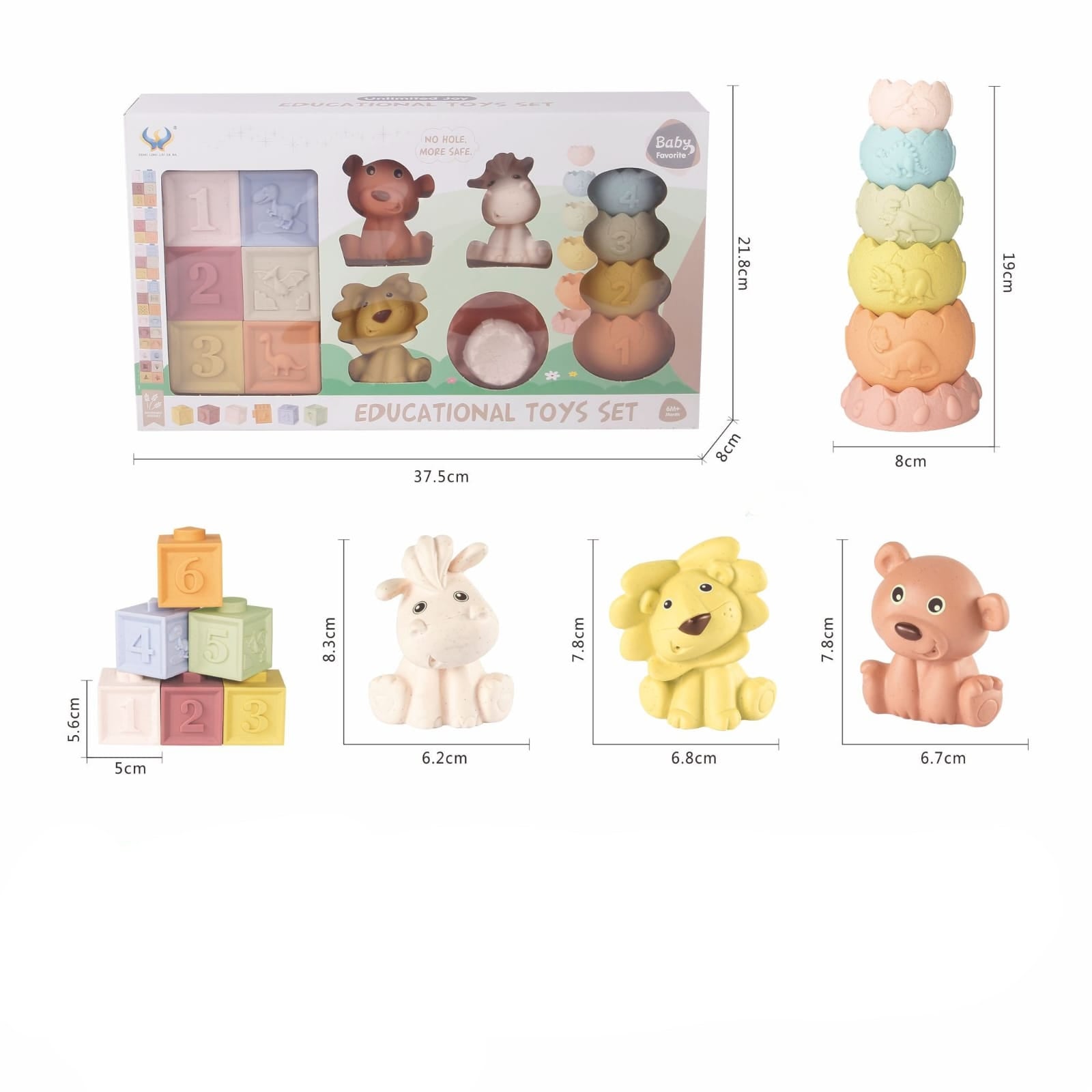 Set sensorial para bebé con su packaging y la descripción de su contenido que incluye animales, cubos y torre para apilar