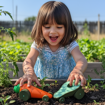 niña jugando en el huerto con los autitos verdura palta y zanahoria