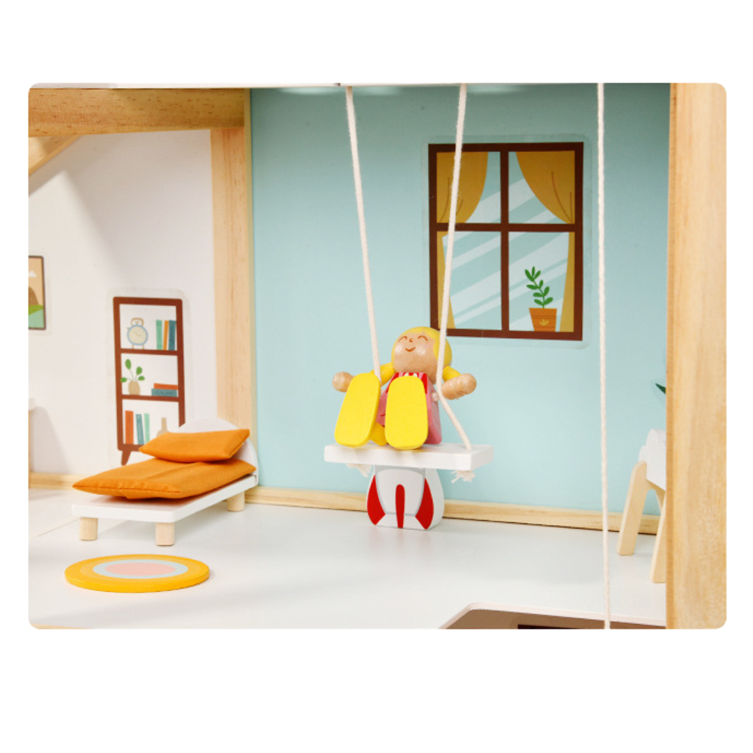 columpio casa de muñecas de madera con 4 pisos, muebles y accesorios