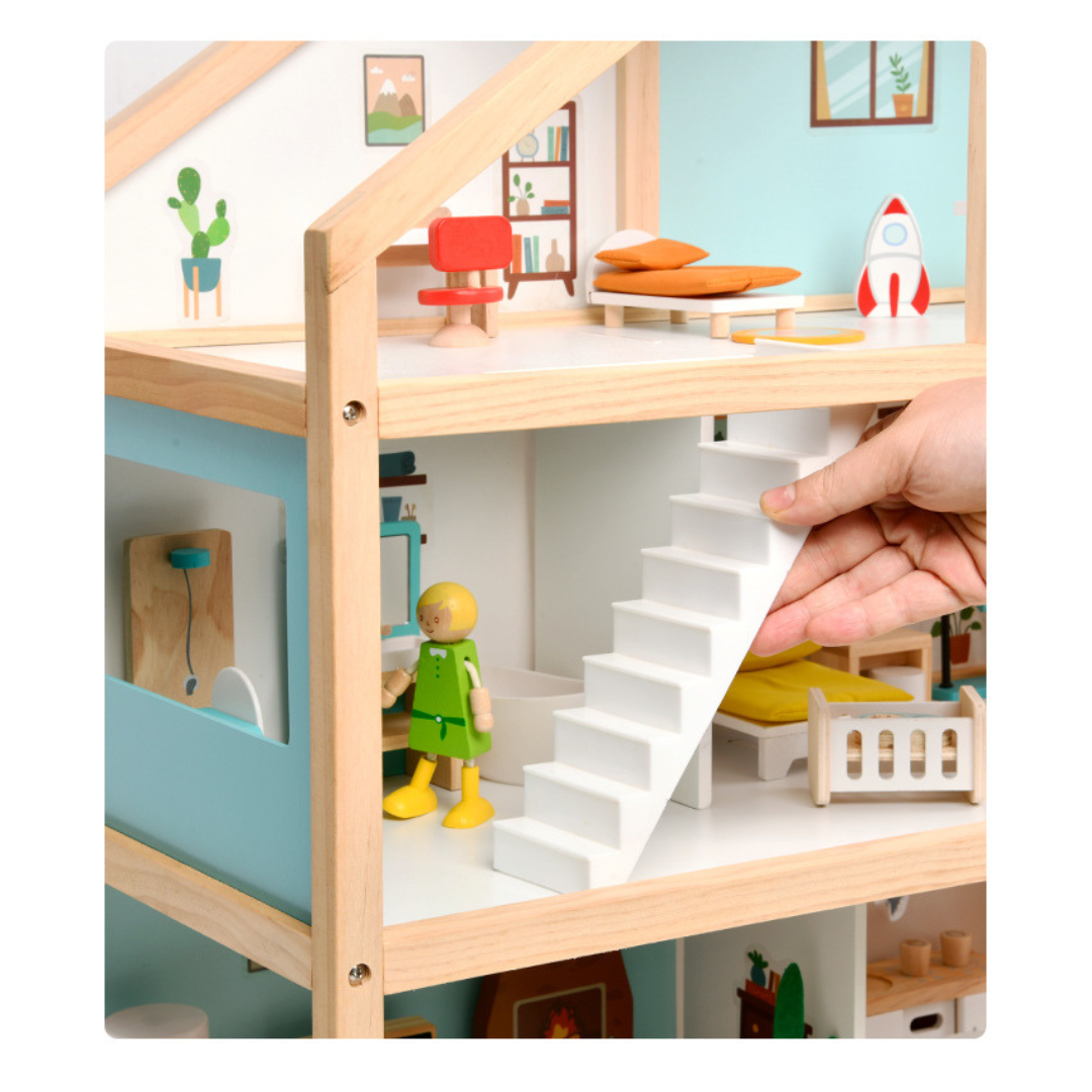 escalera casa de muñecas de madera con 4 pisos, muebles y accesorios