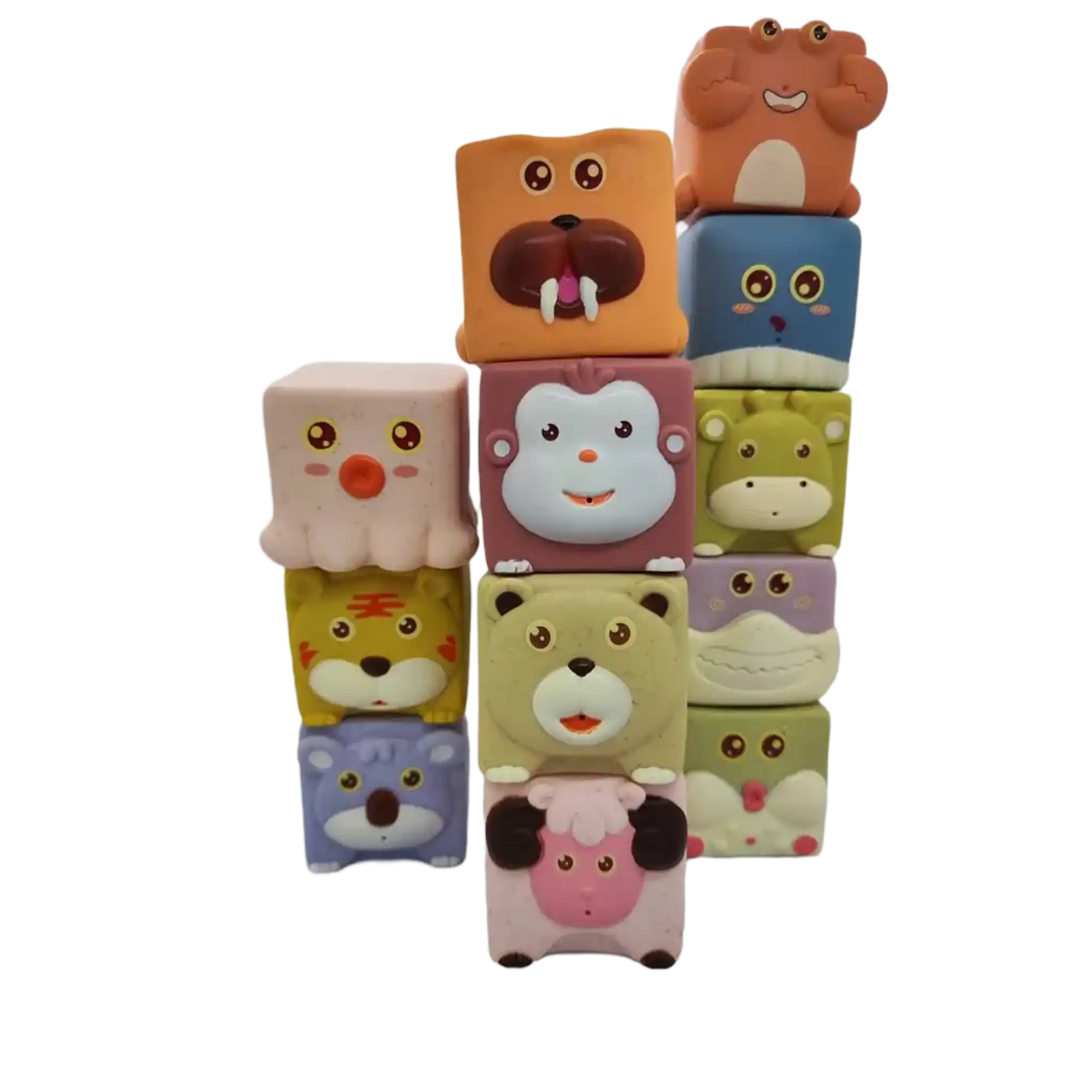 Cubo sensorial eco-friendly con 12 figuras de animales marinos y terrestres para bebés con fondo transparente