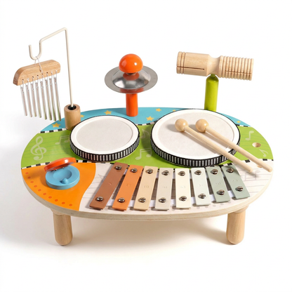 Momo Kids® Mesa Musical Infantil Multifunción – Juguete Montessori De Madera Con Tambor, Xilófono, Platillo, Ruedas Sensoriales Y Baquetas (Regalo Para Niños De 2 Años)