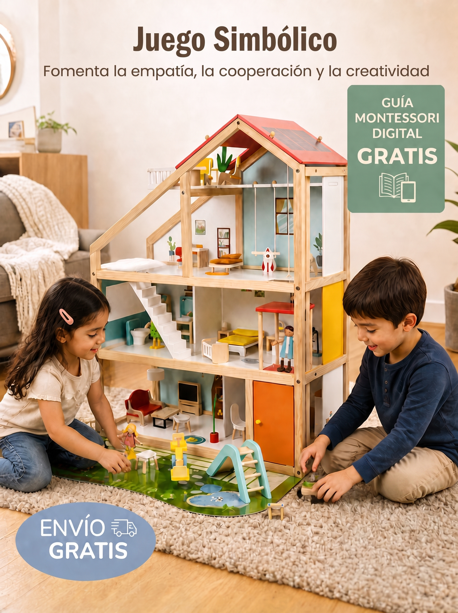 Niña y niño jugando en el suelo con una casa de muñecas Montessori de madera de 4 pisos con muebles y accesorios
