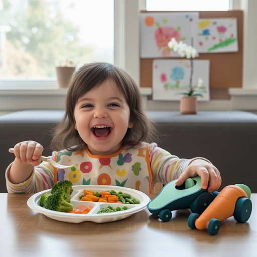 niña jugando con los autitos con forma de zanahoria y palta mientras come sus vegetales