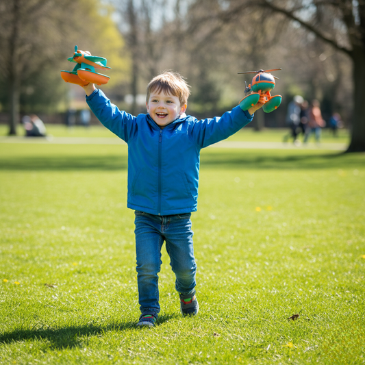 niño jugando feliz con el pack de hidroavión y helicóptero de bioplástico en la plaza