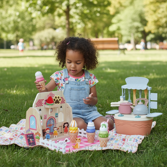 niña jugando en la plaza con el set de juguete portátil de heladería y cocinita