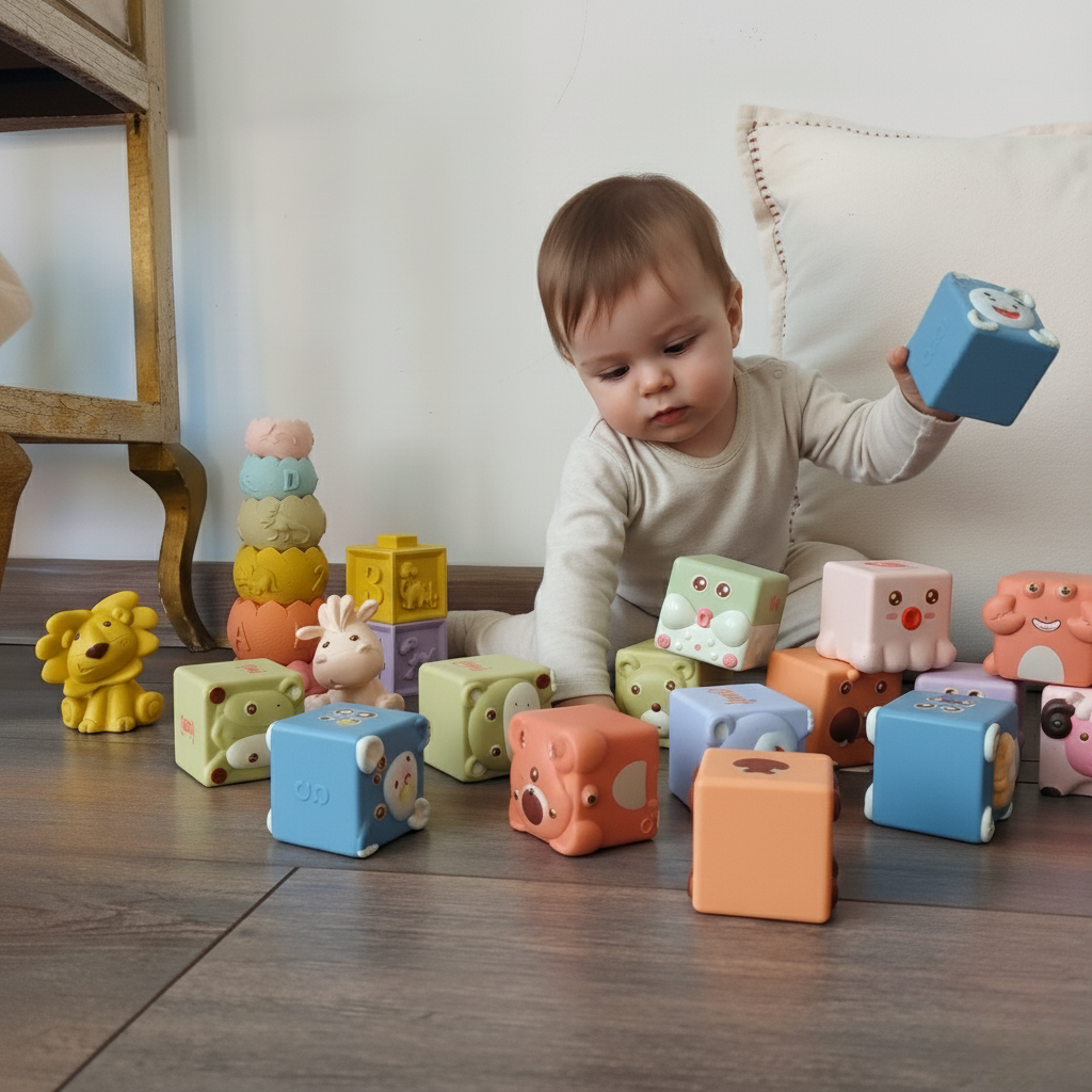 bebé jugando con el pack de set sensorial, blanditos y seguros.