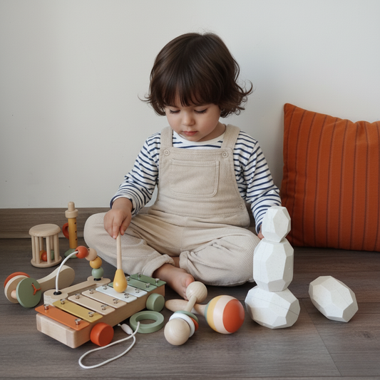 niño jugando con el set musical de madera 7 en 1 y con las piedras de equilibrio hechas de bioplástico. 