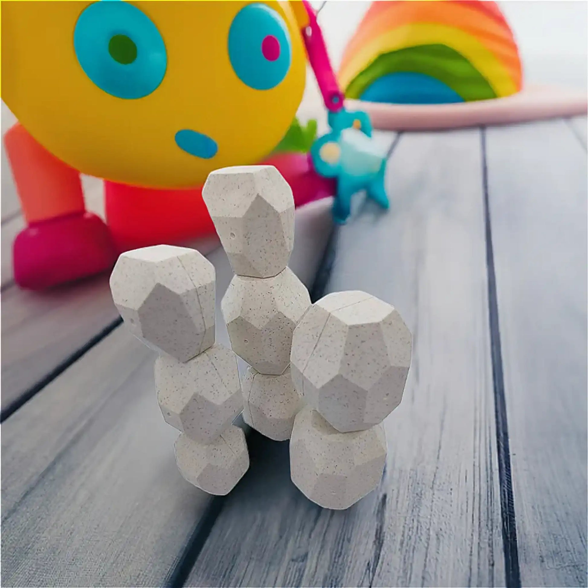 Set de piedras de equilibrio eco-friendly  para mejorar habilidades motoras en niños. Fabricado con paja de trigo
