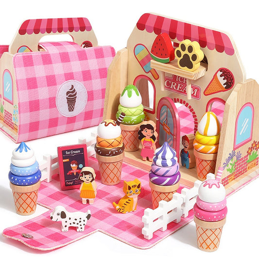 Set de heladería de madera en maletín, pet friendly, con conos, paletas y personajes de juguete