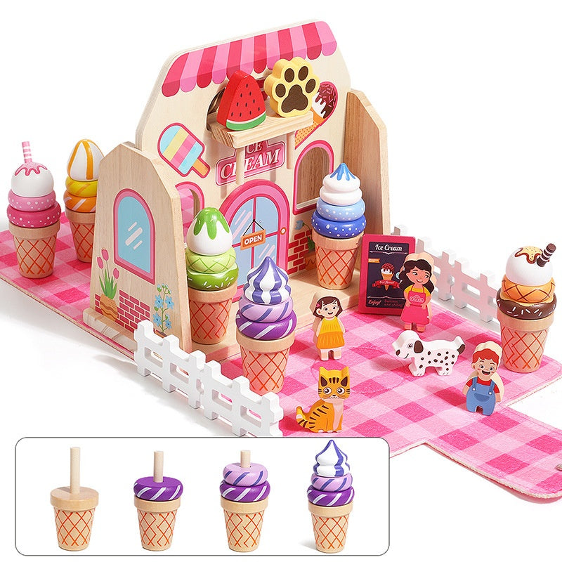 Set de heladería y Maletín, 2 en 1, abierto mostrando conos apilables, paletas y personajes de madera