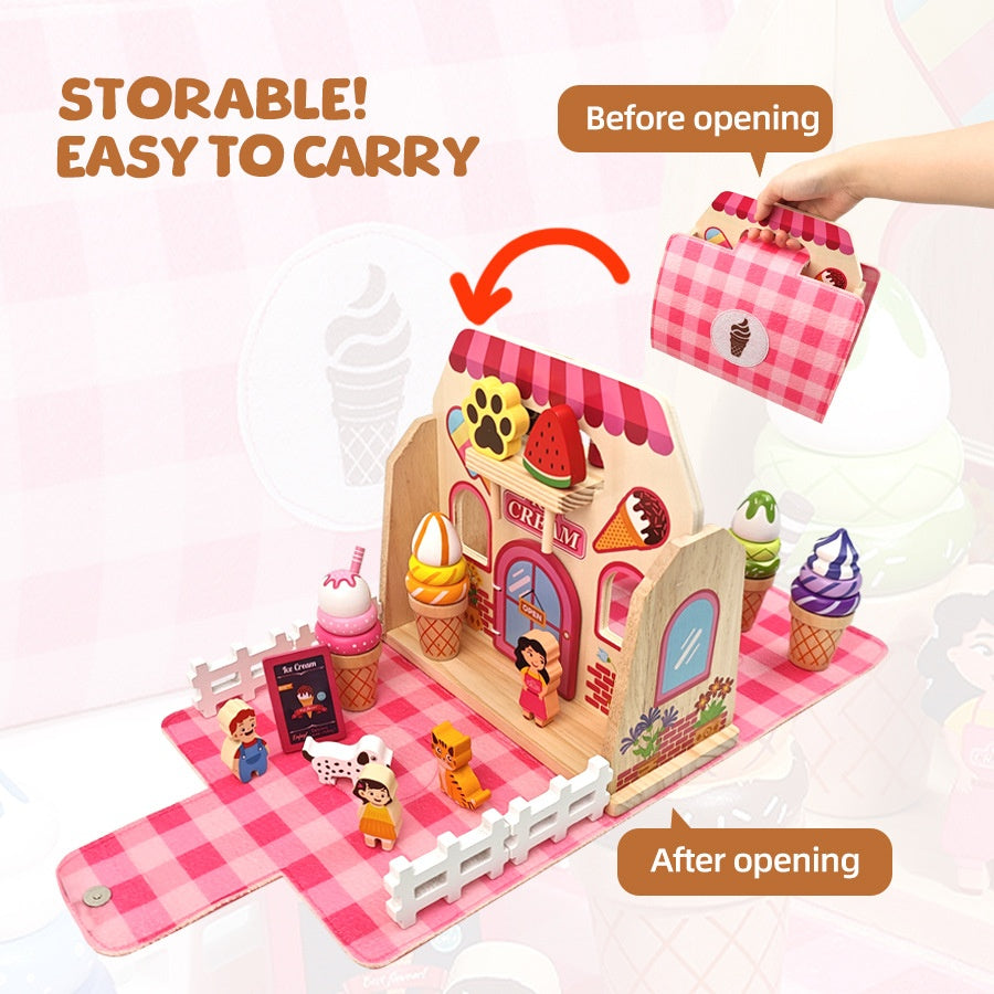 Set de heladería y Maletín, 2 en 1, que se muestra abierto y cerrado.Incluye los accesorios de conos apilables, paletas y personajes de madera