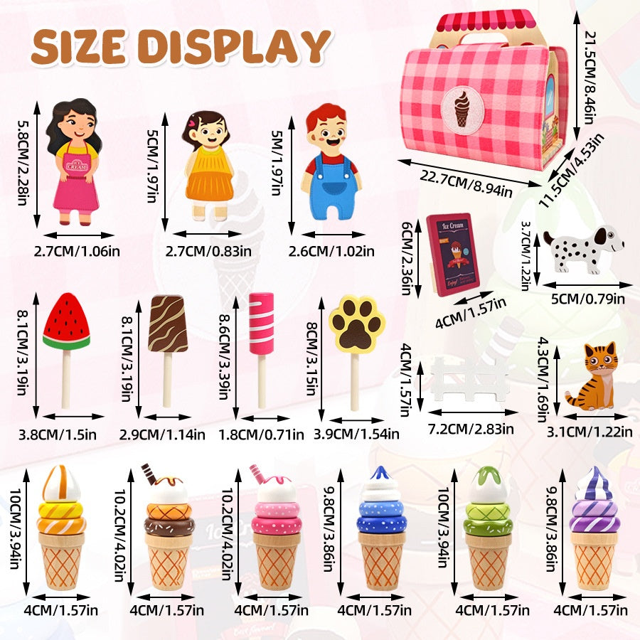 Accesorios de set de heladería que se pliega en un maletín. Incluye conos de helado apilables, paletas y personajes de madera