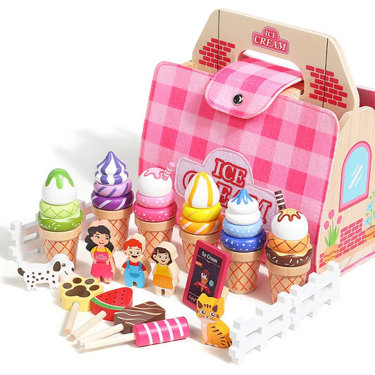 Set de heladería que plegable en un maletín, que muestra los accesorios como conos, paletas y personajes