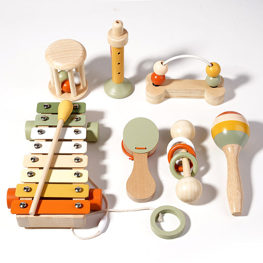 Set musical infantil 7-en-1 con metalófono, flauta, maraca, pandero y sonajeros en madera eco-friendly