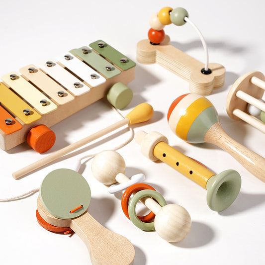 Set musical infantil 7-en-1 con metalófono, flauta, maraca, pandero y sonajeros en madera eco-friendly
