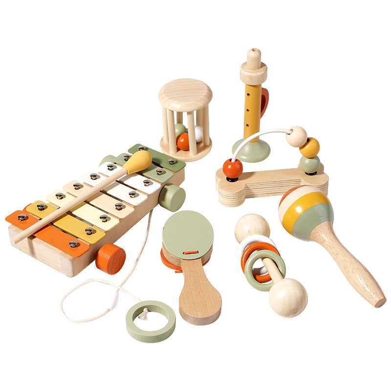 Set musical infantil 7-en-1 con metalófono, flauta, maraca, pandero y sonajeros en madera eco-friendly