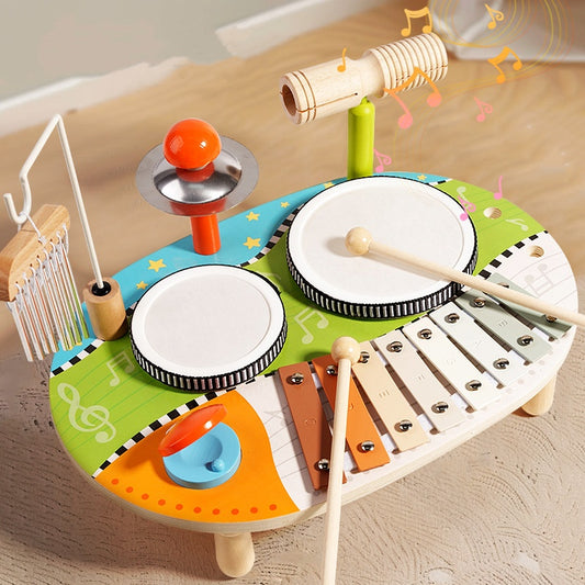 Set de percusión infantil 5‑en‑1 con instrumentos de madera eco‑friendly, 2 tambores, metalófono de 8 notas, platillo, güiro, carillón y 2 baquetas